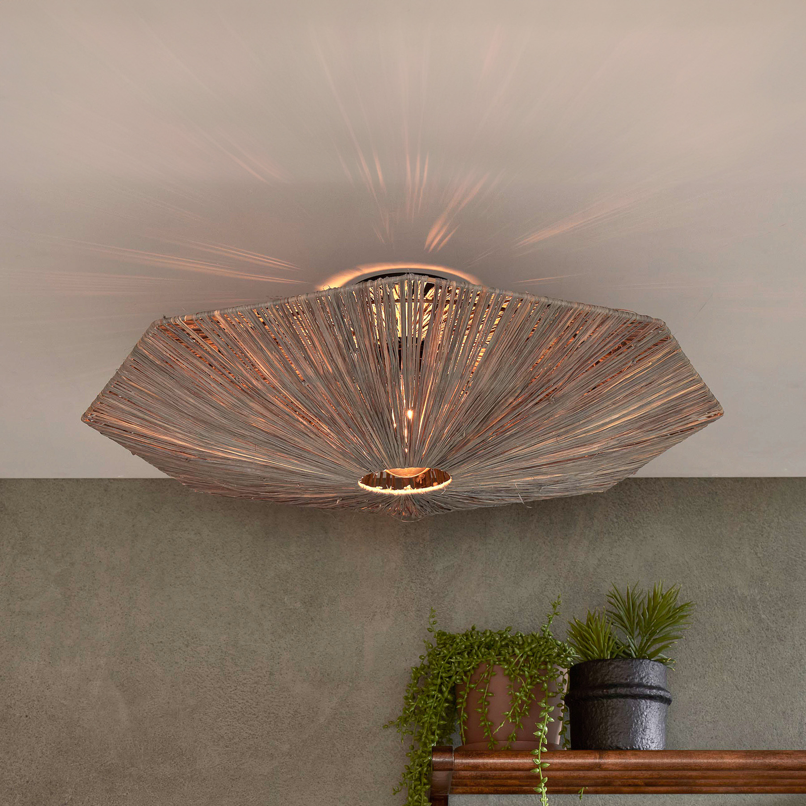 Good & Mojo Panama plafondlamp, donkergrijs, Ø 65cm, raffia